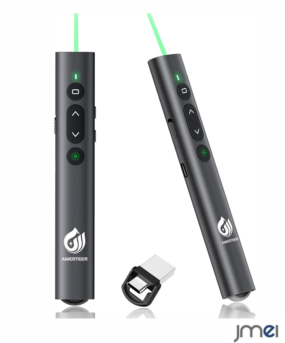 レーザーポインター プレゼン リモコン グリーンレーザー Type-C充電 USB-A一体型レシーバー内蔵 Mac/Windows対応 PowerPoint Keynote Googleスライド対応 ワイヤレス操作 高輝度 軽量 コンパクト ビジネス 会議 授業用