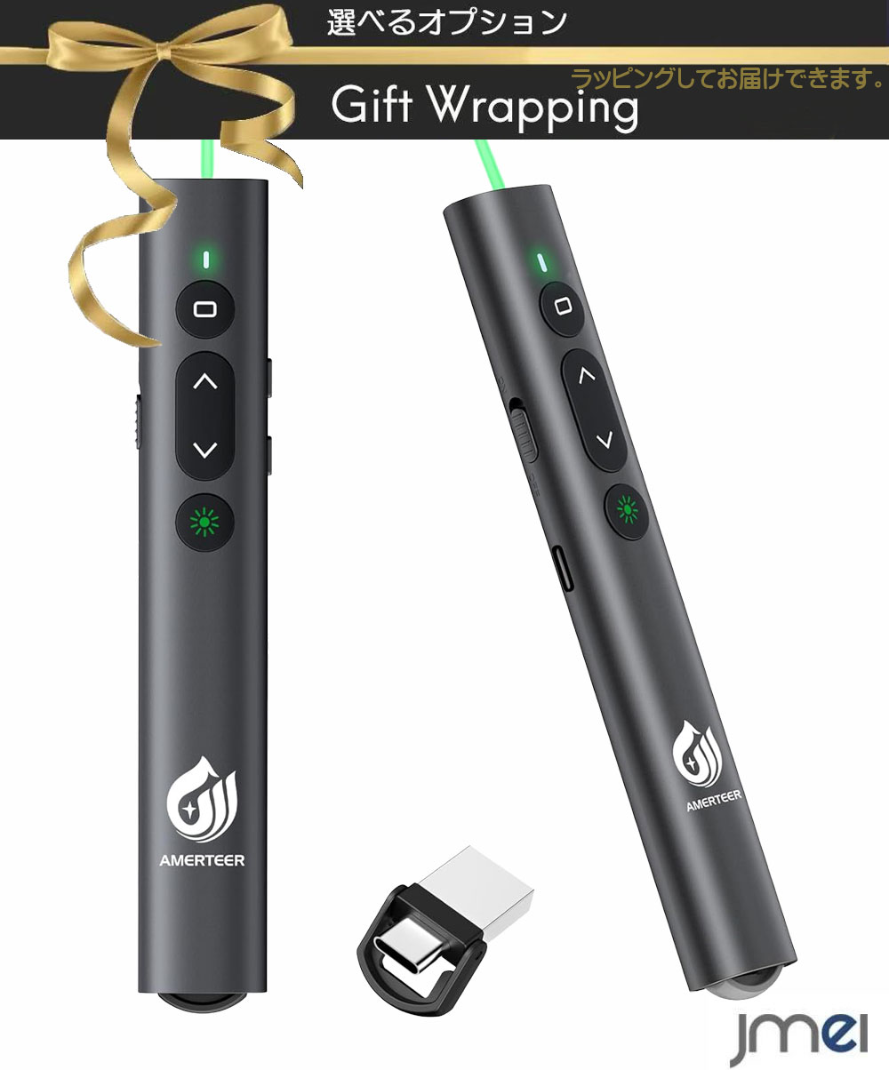 レーザーポインター 軽量 コンパクト ビジネス プレゼン Type-C充電 USB-A一体型レシーバー内蔵 リモコン グリーンレーザー ワイヤレス操作 高輝度 会議 授業用 Mac/Windows対応 PowerPoint Keynote Googleスライド対応