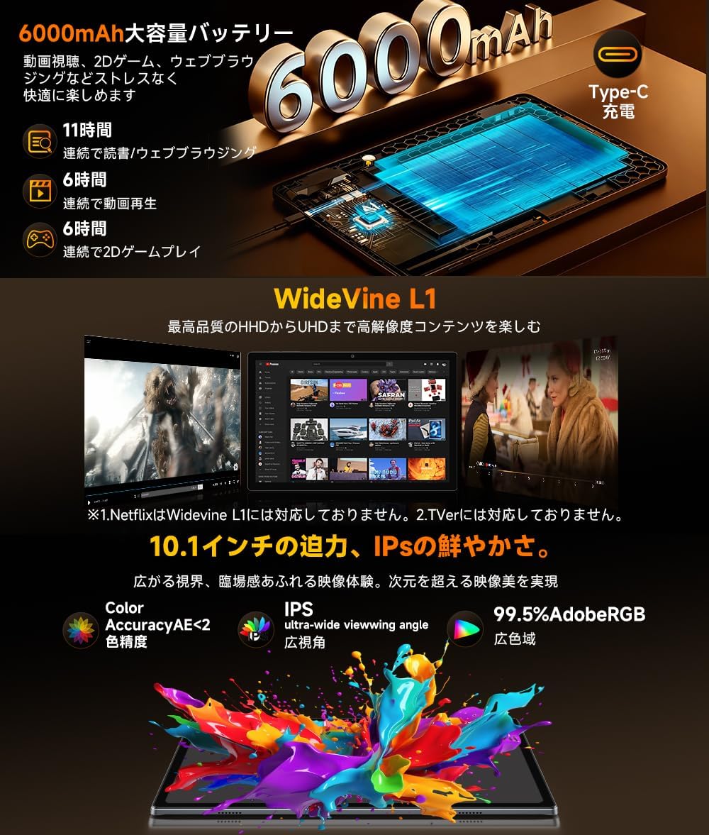 Android 16 タブレット 10インチ 8コアCPU 24GB RAM（4GB+20GB仮想） 64GB ROM 2TB拡張対応 1280×800 Incell IPS液晶 Widevine L1対応 6000mAhバッテリー 顔認識 アンドロイドタブレット T310-A75コア - Image 3