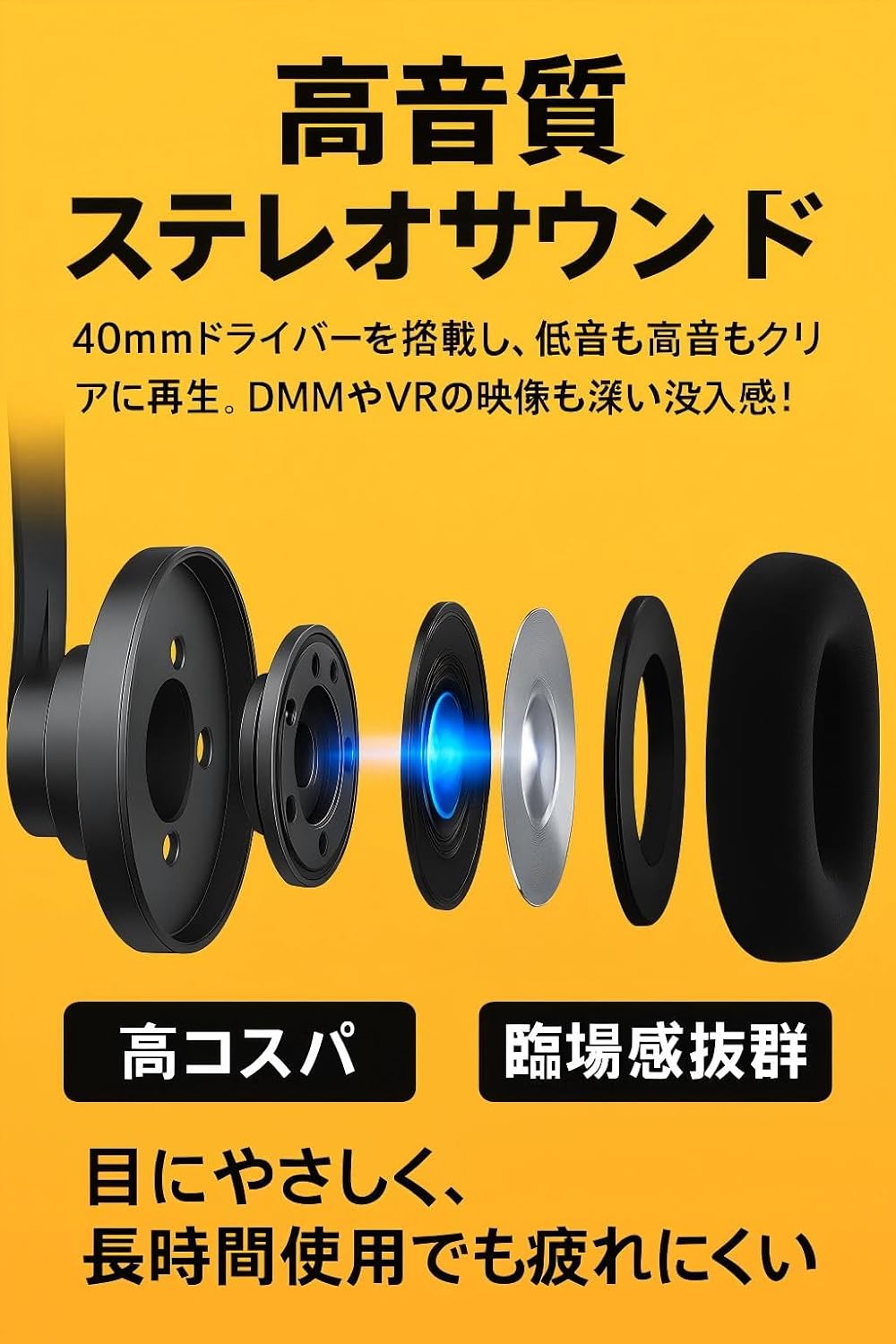 JMEI 3rdのVRゴーグル スマホ用 ヘッドホン一体型 ステレオサウンド内蔵 3.5mmプラグ 変換アダプタ付属 非球面レンズ 焦点/瞳孔距離調節可 圧力分散設計 360度動画対応 iPhone Android対応 日本語説明書付 動画 映画 Youtube tiktok スマートフォン 対応 めがね不可｜アングル3