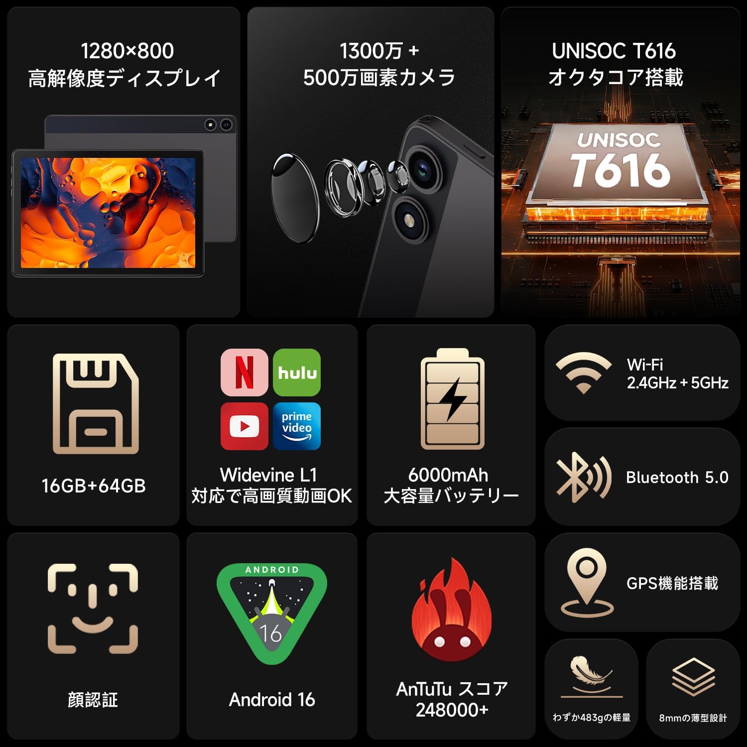 Android 16 Gemini AI 16GB 64GB 512GB拡張 タブレット 10インチ 6000mAh Wi-Fiモデル Widevine L1 Netflix 18W急速充電 8コア 子供モード 薄型 軽量 リモートワーク オンライン授業 Web会議 エクセル プレゼン 文書作成 動画視聴 読書 ゲーム 学習 仕事用 持ち運び jmei3rd-10035764 JMEI 3rd サンプル画像2