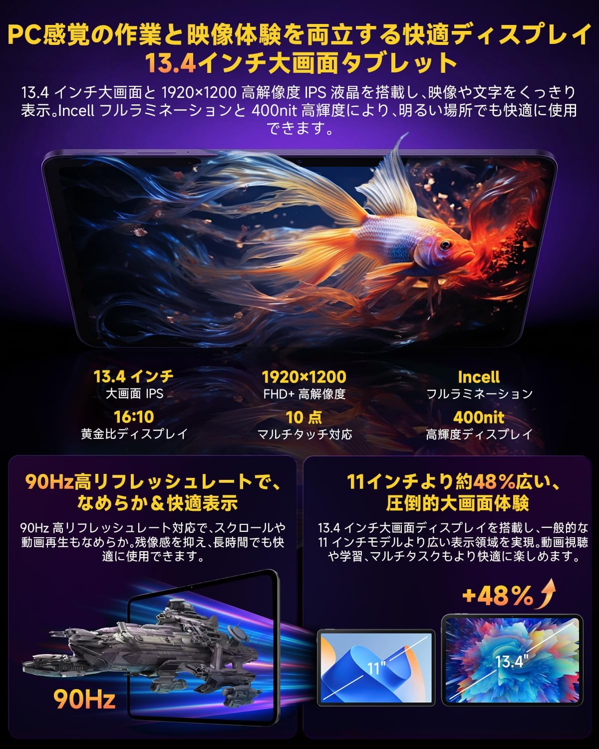 Android 16 Gemini AI タブレット 13インチ 24GB 128GB 2TB拡張 90Hz 10000mAh PD20W Widevine L1 GPS 顔認証 フィルム貼付済 薄型 軽量 リモートワーク オンライン授業 Web会議 エクセル プレゼン 文書作成 動画視聴 読書 ゲーム 学習 仕事用 持ち運び jmei3rd-10035820 JMEI 3rd サンプル画像2