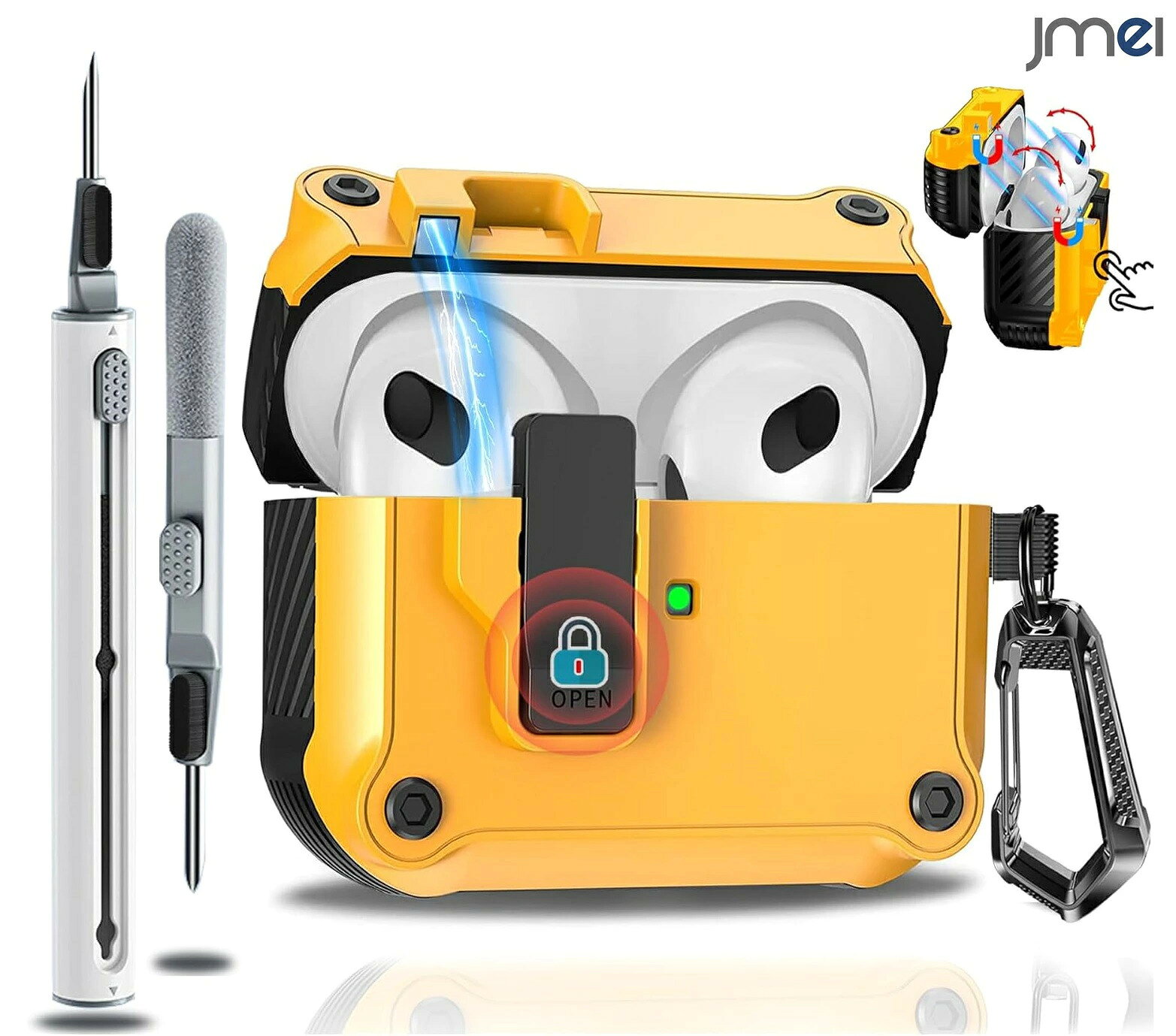 MagSafeアクセサリー Apple Watch対応商品はこちら ⇒AirPods 5(2026) / Airpods 4(2024) 商品一覧はコチラ ⇒iPhone16 商品一覧はコチラ ⇒iPhone16 Pro 商品一覧はコチラ ⇒iPhone16 Pro Max 商品一覧はコチラ ⇒iPhone16 Plus 商品一覧はコチラ ⇒他の機種をお探しの方はコチラ 【対応機種・付属品】 AirPods 第5世代・第4世代に対応した保護ケースです。ご購入前に、お使いの機種をご確認ください。ケース本体に加え、3 in 1クリーニングツールとカラビナリングが付属します。イヤホン本体および充電ケースは付属しません。 【マグネットロック機能】 マグネット式のロック機構を採用し、ワンタッチで開閉できる設計です。ケースの不意な開閉を抑え、持ち運び時にイヤホンが飛び出すリスクを軽減します。日常使いはもちろん、通勤や通学、アウトドアなどさまざまなシーンでお使いいただけます。 【TPU・PC素材・衝撃吸収設計】 柔軟性のあるTPU素材と耐久性に配慮したPC素材を組み合わせた保護ケースです。角部分にはクッション構造を採用し、落下時などの衝撃を和らげます。マグネット式のロック機構でフタをしっかり固定し、充電ケースを傷や衝撃から保護します。 【ワイヤレス充電対応・LEDライト確認可能】 ケースを装着したまま、底部の開口部から充電ケーブルを接続できます。ワイヤレス充電にも対応しており、ケースを取り外す手間を軽減します。また、充電ケース前面のLEDライトが見える設計で、充電状態を確認しやすい仕様です。底面のスピーカー部分にも配慮した設計となっています。 【3 in 1イヤホンクリーニングツール付き】 金属製のペン先、高密度の極細ブラシ、柔らかな植毛スポンジを備えた多機能クリーニングツールが付属します。イヤホンの細かな隙間や汚れが気になる部分のお手入れに便利です。ワイヤレスイヤホンのほか、パソコンやタブレット、カメラなどのデジタル機器のお手入れにもお使いいただけます。 【カラビナリング付き】 カラビナリングが付属し、バッグなどに取り付けて持ち運ぶ際に便利です。外出先でも携帯しやすく、日常使いから旅行、アウトドアまで幅広く活用できます。 【キーワード】 AirPods 第5世代 ケース AirPods 第4世代 ケース エアポッズ ケース 保護ケース イヤホンケース マグネットロック ワンタッチ開閉 TPU PC素材 衝撃吸収 落下対策 傷防止 ワイヤレス充電対応 LEDライト確認 カラビナ付き クリーニングツール付き イヤホン掃除 3 in 1 クリーニングペン ※商品は入荷時期によりアップグレードによる仕様変更がある場合がございます。あらかじめご了承ください。 ※安価な酷似商品や転用画像商品にご注意ください。 ⇒ヘッドレストモニター 一覧はコチラ ⇒モバイルモニター商品一覧はコチラ ⇒プロジェクター商品一覧はコチラ ⇒Nintendo Switch関連商品一覧はコチラ ⇒ヘッドホン商品一覧はコチラ ⇒キッズスマートウォッチ 商品一覧はコチラ ⇒イヤホン商品一覧はコチラ ⇒apple watchバンド一覧はコチラ ⇒AirTag 一覧はコチラ ⇒タブレットPC本体 商品一覧はコチラ ⇒空気伝導イヤホン商品一覧はコチラ ⇒骨伝導イヤホン商品一覧はコチラ ⇒イヤホン商品一覧はコチラ ⇒ストラップ 商品一覧はコチラ ⇒Magsafe ACC商品一覧はコチラ ⇒USB加湿器 商品一覧はコチラ ⇒キッズタブレット 商品一覧はコチラ ⇒スマートウォッチ本体一覧はコチラ ⇒ストラップ 商品一覧はコチラ ⇒自転車/バイク用スマホホルダーはコチラ ⇒自撮り棒関連商品一覧はコチラ ⇒三脚商品一覧はコチラ ⇒スタビライザー一覧はコチラ ⇒ハンディファン/扇風機/サーキュレーター 一覧はコチラ ⇒冷風扇・冷風機 一覧はコチラAirPods5 ケース 2026 Airpods 第4世代 ケース AirPods4 ケース 2024 (USB-C) 対応 A-B0DGWVSGQL 安全ロック付き 自動ボタン エアーぽっず 第4世代 ケース クリーナーキット付き Magsafe ワイヤレス充電対応 LEDライトが見える エアポッズ4カバー カラビナ付き 分離式 ハード TPU 全面保護 耐衝撃 傷防止 軽量 対応