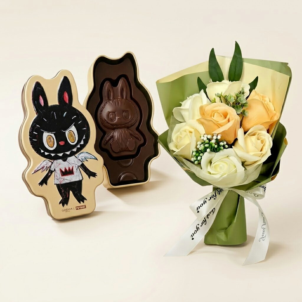 卒業祝い 入学祝い ギフト ゴディバ ポップマート ラブブ マスターピース ミルクチョコレート缶 GODIVA × LABUBU スイーツ ＆ ソープフラワー セット 枯れない花 チョコレート お祝い お返し 内祝い 花束 ブーケ おしゃれ かわいい 女の子 子供 合格祝い 就職祝い