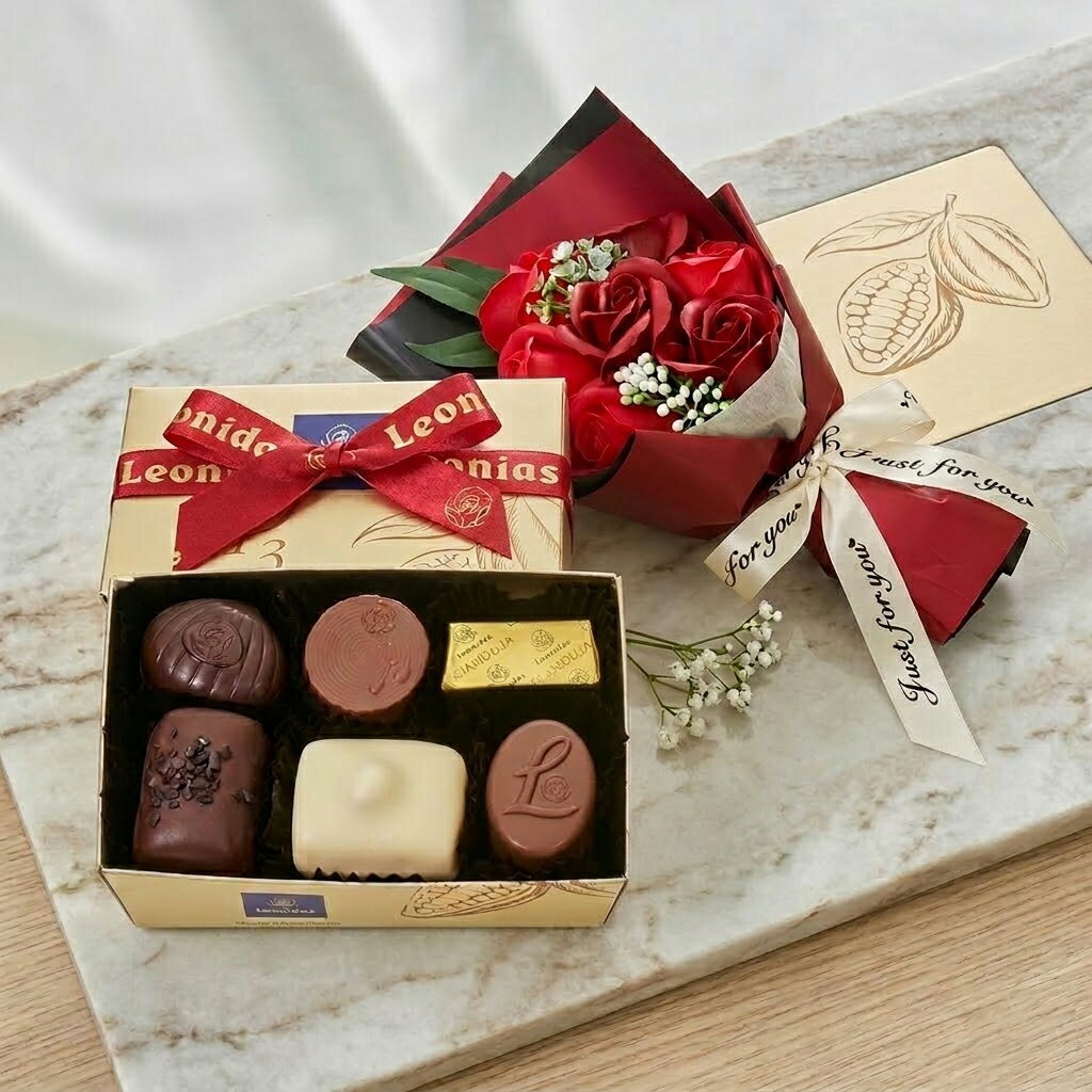 乐天商城 - 母の日 2026 ギフト 花 スイーツ ＆ ソープフラワー セット ボックス 枯れない花 チョコレート お祝い お返し 内祝い バロタンアソート 6粒入 レオニダス 花束 ブーケ 子供 合格祝い 就職祝いおしゃれ かわいい 女の子