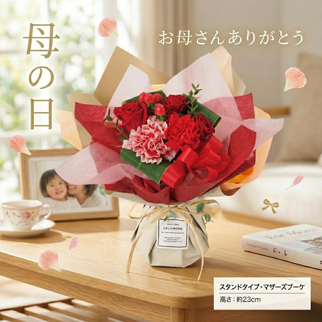 花籃（祝賀, 儀式, 送禮回禮用） - 母の日 プレゼント 花 2026 ギフト 早割 そのまま飾れる 母の日ブーケ レッド カーネーション 義母 60代 70代 80代 そのまま飾れる 花 スタンディングブーケ 生花 義母 お手入れ不要 アレンジメント 珍しい おしゃれ 母親 50代 60代