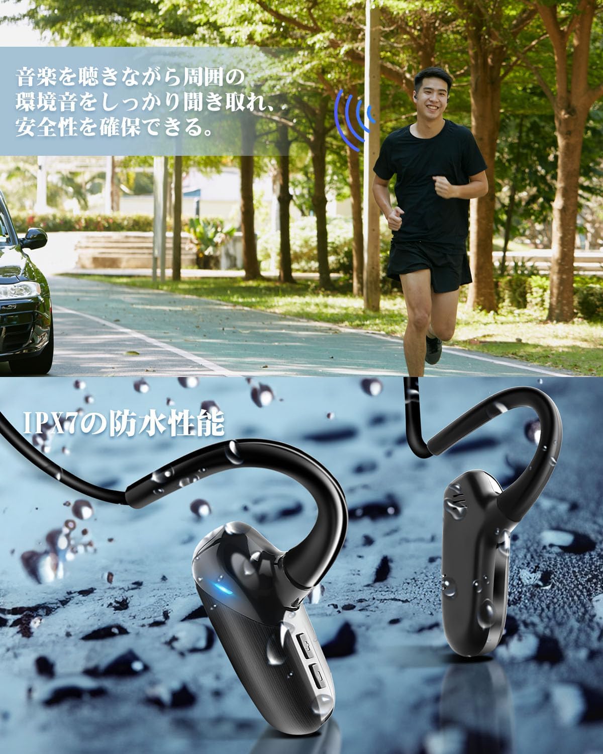 JMEI 3rdのオープンイヤー型 ワイヤレスイヤホン 耳を塞がない 空気伝導 Bluetooth 6.0 超軽量 ネックバンド形状 ENCノイズキャンセリング マイク内蔵 物理ボタン操作 Type-C充電 外音聞き取り 自動ペアリング スポーツ ランニング｜アングル3