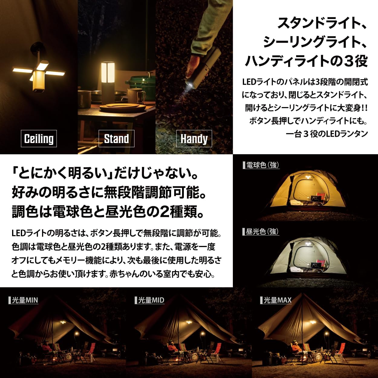 充電式 LEDライト LEDランタン ポータブル 吊り下げシーリング ハンディライト キャンプ アウトドア 防災 13400mAh大容量 最大72時間駆動 3WAY変形構造 パネル開閉式 無段階調光 色調2色切替 防水 IPX6 懐中電灯 スタンドライト 小型 3段階変形 電球色 昼光色 USB充電式 jmei3rd-10034058 JMEI 3rd サンプル画像2
