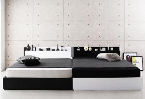 棚・コンセント・収納付き大型モダンデザインベッド スタンダードボンネルコイルマットレス付き ワイド..