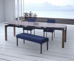 天然木ウォールナット材 デザイン伸縮ダイニングセット 4人 4点セット(テーブル+チェア2脚+ベンチ1脚) W140-240 組立設置付