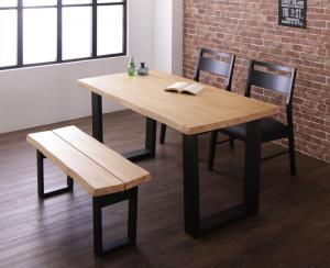 ダイニングセット（テーブル&チェア ベンチ） 天然木無垢材ヴィンテージデザインダイニング 4人 4点セット(テーブル+チェア2脚+ベンチ1脚) ベンチ2P W140