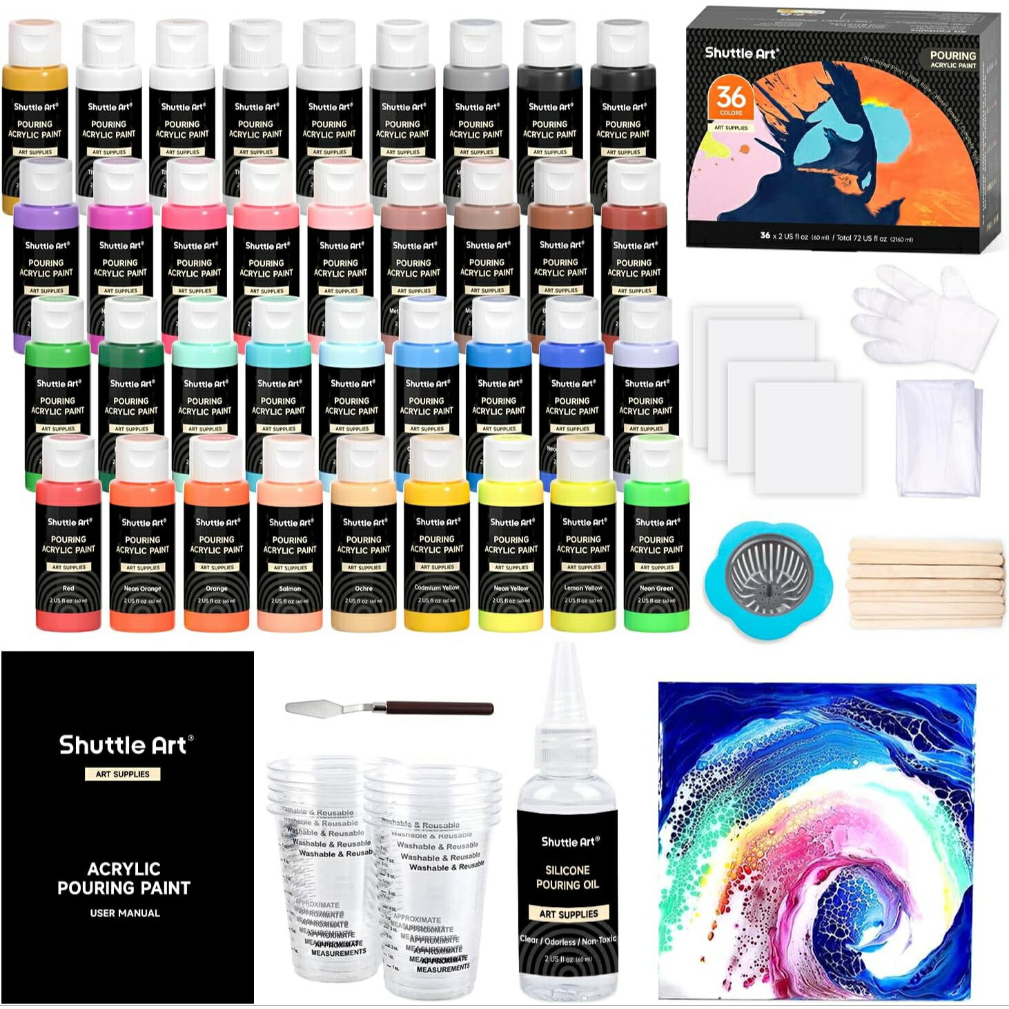 【P10倍UP!!】ポーリングアート 36本 アクリル絵の具 32色セット(白4本と黒2本入り) 60ml シリコンオイル キャンバスボード フルイドアート 道...