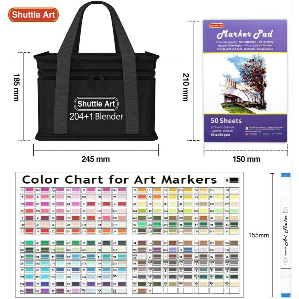 【送料無料】イラストマーカー 204色 マーカーペンセット 油性 ブレンダーペン スケッチブック付き 太細両端 防水速乾 色褪せしにくい キャリングケース付き 手帳 塗り絵 デザイン コミック 漫画 スケッチ 落書き 画材 大人 子供 プレゼント 2