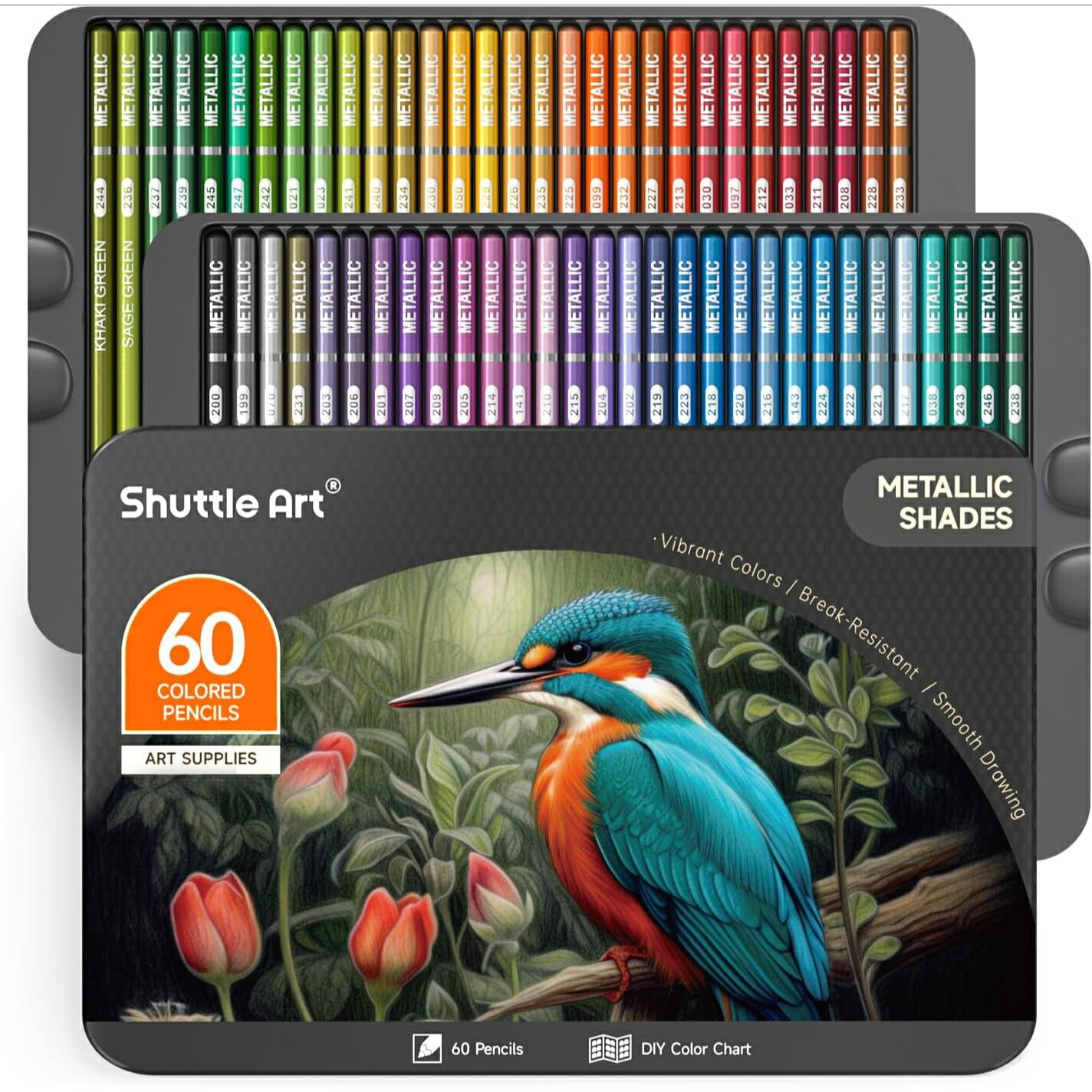 【送料無料】色鉛筆 60色セット メタリック きらきら カラーペン グリッター 大人の塗り絵 イラスト デザイン スケッチ 落書き 金属色 缶ケース?カラーチャ...
