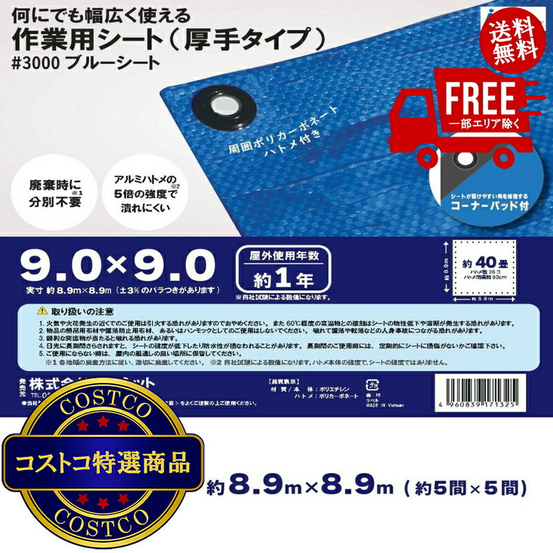 土木建設業・農林水産業や養生、野積みカバーなどに安心、丈夫な3000番手仕様廃棄時分別不要のポリカハトメアルミハトメの5倍の強度サイズ890cm×890cm×0.025cmDIY作業やレジャー等の一般家庭用まで、幅広く利用可能なブルーシート...