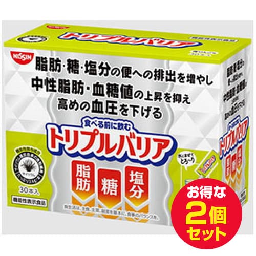 広告文責・販売事業者名:株式会社ビューティーサイエンスTEL 050-5536-7827商品名 トリプルバリア 青りんご味 30本入×2個セット 機能性表示食品 内容量 30本入×2個セット 原材料 機能性関与成分：サイリウム種皮由来の食物繊維 サイリウム種皮粉末(国内製造)、砂糖、デキストリン、りんご果汁粉末/酸味料、甘味料(ステビア)、香料、微粒二酸化ケイ素、ビタミンC、クチナシ色素 栄養成分 1本(7g)当たり 熱量12kcal、たんぱく質0.05g、脂質0.06g、炭水化物6.5g、ー糖質2.9g、-食物繊維3.6g、食塩相当量0.006g お召し上がり方 コップなどに本品1本と180mlの水を入れて手早くかき混ぜ、混ざったらすぐ、お食事の前にお召し上がりください。 【脂肪が気になる方、糖が気になる方、おなかの調子を整えたい方】 1日1本を目安にお召し上がりください。 【血圧が気になる方】 1日3本(1食当たり1本)を目安にお召し上がりください。 アレルギー表示 りんご 賞味期限/使用期限 (製造から) 24ヶ月 注意事項 ・高温・多湿及び直射日光を避けて、常温で保存してください。 ・時間が経つとゼリー状に固まります。その際はスプーンですくってお召し上がりください。 備考 ※効果には個人差があります。 すべての方に効果を保証するものではありません。 ※パッケージデザイン等は予告なく変更されることがあります。 ※メーカー都合により商品のリニューアル・変更及び原産国の変更がある場合があります。 区分 機能性表示食品 届出番号：F232 製造国・原産国 日清食品 発売元・販売元 日本 JANコード トリプルバリア 青りんご味 5本入　4902105955093