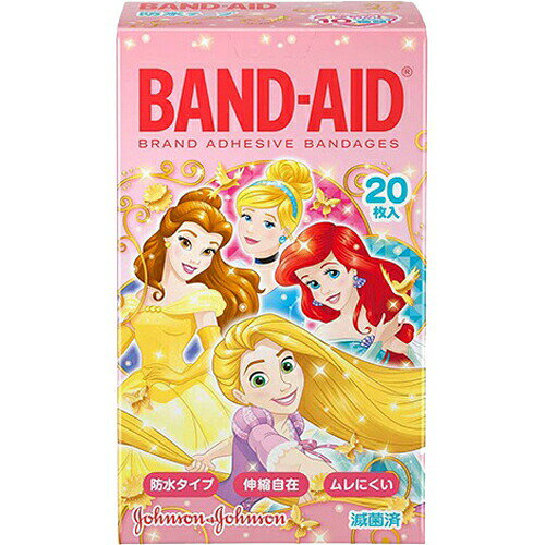 商品説明「バンドエイド ディズニープリンセス 20枚入」は、水・バイ菌を通さず、空気・水蒸気は通すキャラクター絆創膏です。伸縮性に優れた特殊テープを使用しています。傷口につきにくい特殊加工パッド。(C)Disney使用上の注意●創傷面を清潔にし、パッド部分をあててテープで固定してください。1日1-2回は貼りかえるようにしてください。●パッド部分が汚れたり水にぬれた時は、新しいものに貼りかえ、傷口を清潔に保ってください。●皮膚刺激の原因になることがあるので、テープを同じところに繰り返し貼らないでください。●使用後はがすときは、患部やまわりの皮膚を痛めないようにゆっくりとはがしてください。●本品の使用により、発疹、発赤、かゆみ等の症状があらわれた場合には、使用を中止し、医師または薬剤師にご相談ください。●直射日光を避け、小児の手の届かない所に保管してください。 製造販売元　ジョンソン・エンド・ジョンソン原産国 中国内容量：20枚入医療機器届出番号：13B1X00204C00007(一般医療機器)サイズ：58*19(mm)JANコード：　4901730081153 広告文責・販売事業者名:株式会社ビューティーサイエンスTEL 050-5536-7827 ※一部成分記載省略あり