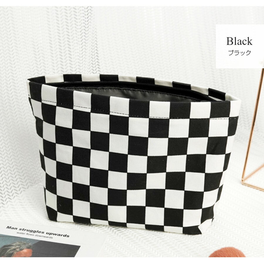化粧ポーチ 小物入れ 格子柄 ブロックチェック メイクポーチ キャンバス 携帯用 サニタリーケース 生理用品 衛生用品 ナプキンポーチ 収納 シンプル 春 夏 秋 冬 新作 ブラック ホワイト JOCOSA 9038 送料無料 即納