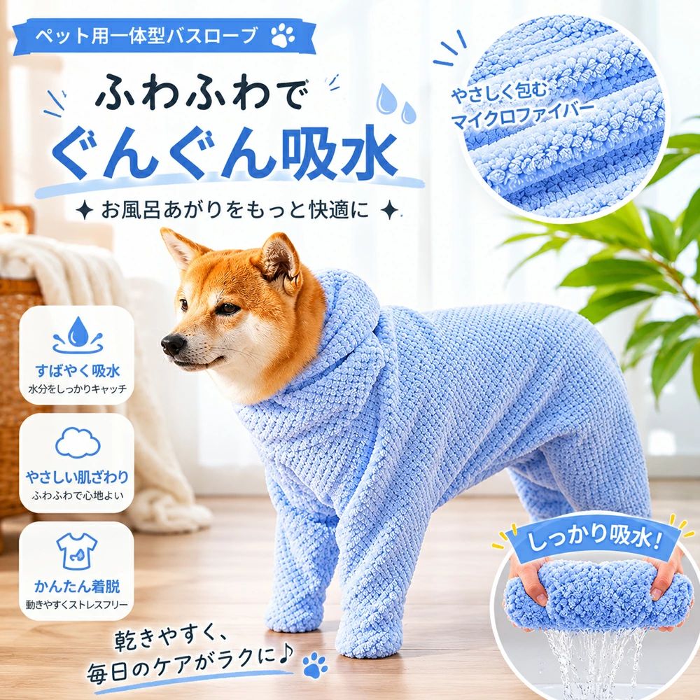 犬 バスローブ 着れるバスタオル 猫 ペット 超吸水 タオル ポンチョ ガウン 一体型 背面ファスナー フード付き 速乾 マイクロファイバー 体拭き ドッグウェア お風呂 プール 防寒 小型犬 中型犬 大型犬 抜け毛対策