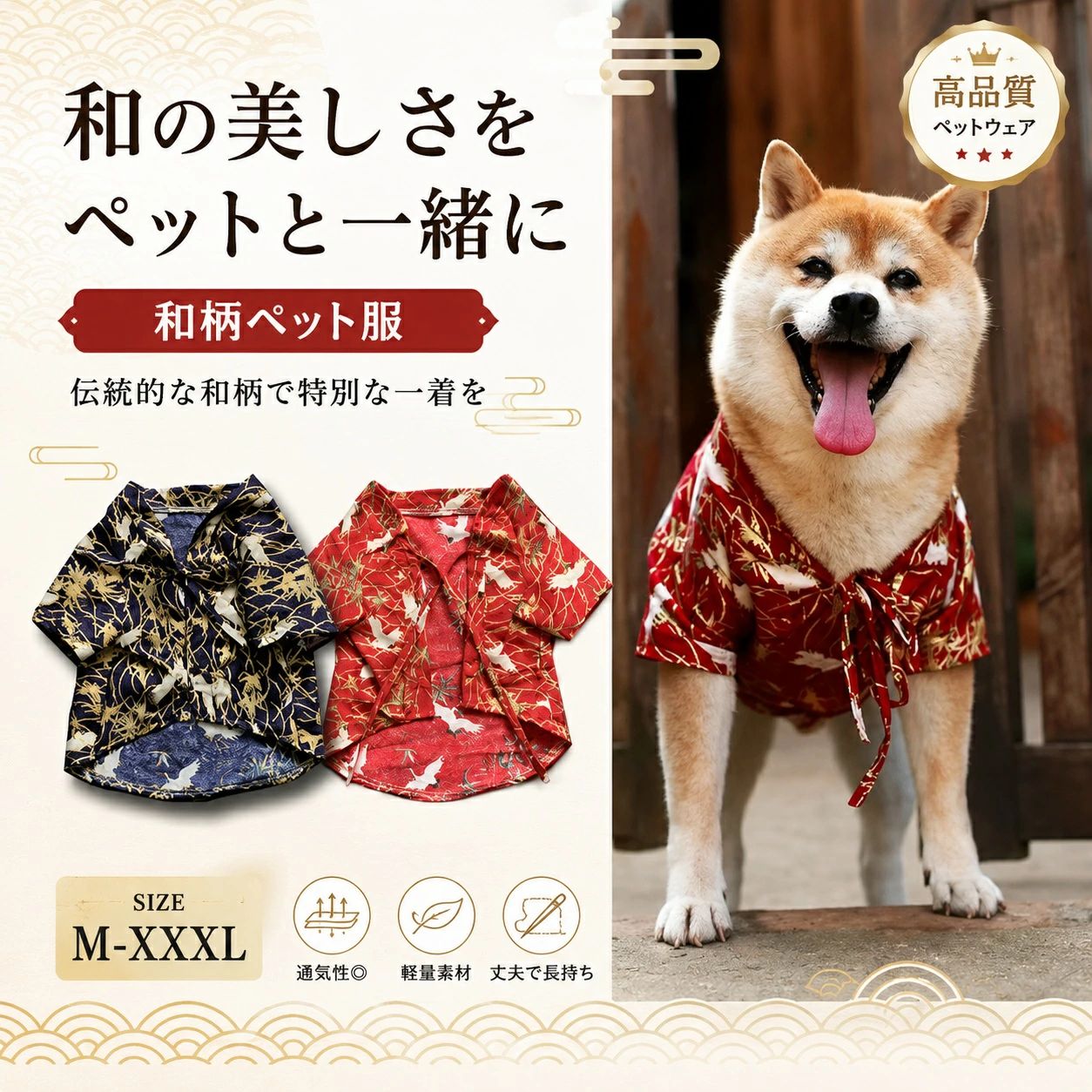 春夏用ペット服 和風プリントデザイン 犬用コート 和風犬用コート 和柄デザイン プリント犬服 着脱簡単 夏向けペット用カジュアルウェア アウトドア散歩や写真撮影に 花火大会 お祭り