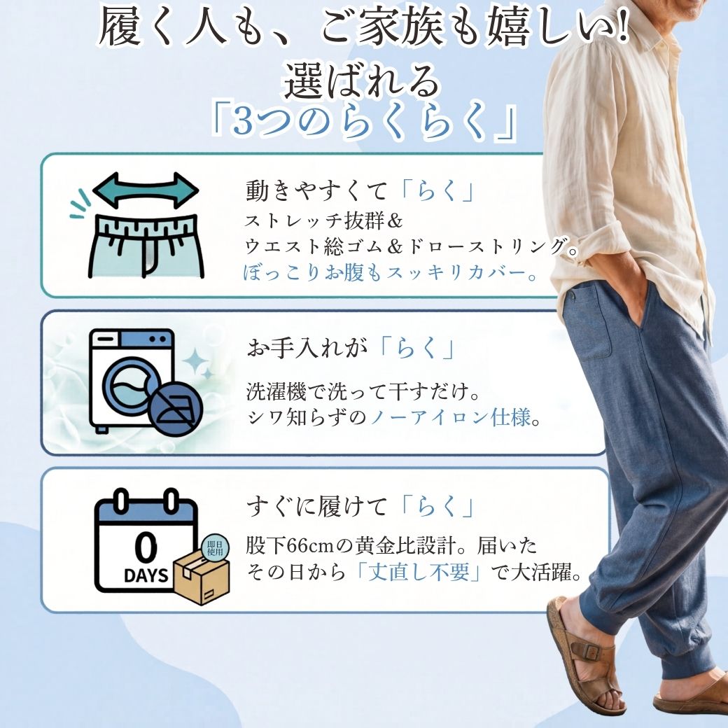 【0の日★20時4H最大50％OFFクーポンP5倍】メンズ ズボン 夏 パンツ 股下66センチ 裾上げ不要 吸汗速乾 鹿の子 綿混 裾リブ フライスリブ 総ゴム ドローコード お名前ラベル 部屋着 シニア 高齢者 60代 70代 80代 M L LL カーキ ネイビー チャコール 父の日 敬老の日 joinus2020-10000778 シニアの服 ニコニコの森 サンプル画像3