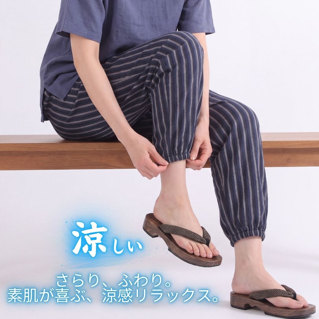 もんぺ レディース 日本製 綿100％ 夏用 深ばき 股下59cm 62cm ウエストゴム 裾ゴム ストライプ 涼しい ゆったり ポケット付き 農作業 ガーデニング 部屋着 シニア ミセス 婦人パンツ M L LL 3L シニアファッション joinus2020-10000278 シニアの服 ニコニコの森 サンプル画像2