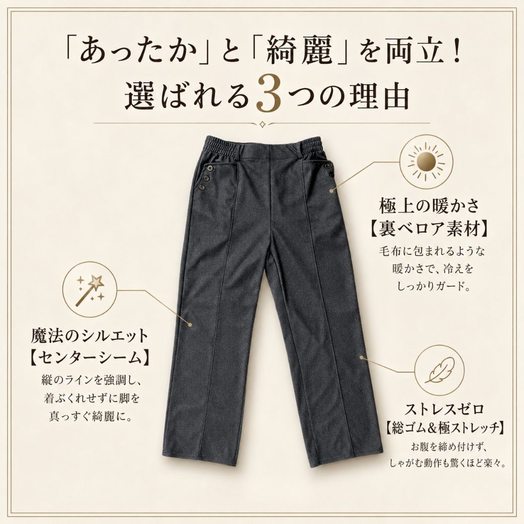 【0の日★20時4H最大50％OFFクーポンP5倍】スラックス レディース パンツ 股下64cm ストレッチ ウエスト総ゴム 洗濯機OK 裾上げ済み ポケット付き ゆったり 裏ベロアあり なし センターシーム M L LL 3L ミセス シニア 婦人服 joinus2020-10000594 シニアの服 ニコニコの森 サンプル画像3