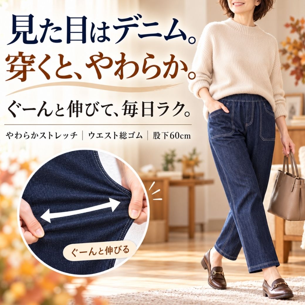【マラソン★10％OFFクーポン】シニアファッション レディース ストレッチ ニットデニム ウエストゴム 裏起毛 軽量 ズボン ゆったり ポケット付き シニア 婦人パンツ 70代 80代 M L LL 3L joinus2020-10000394 シニアの服 ニコニコの森 サンプル画像2