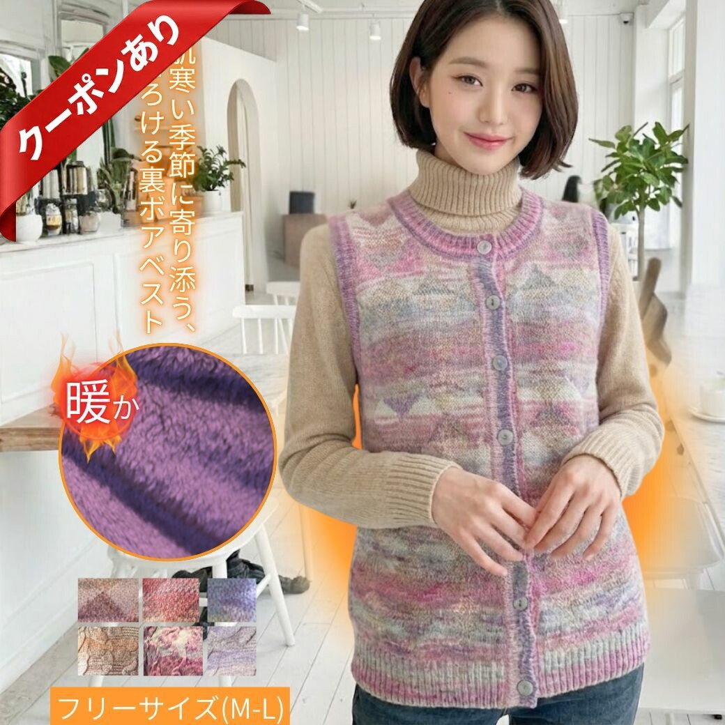 【本日P2倍★最大50%OFF】【裏ボアでとろける暖かさ】あったか ニットベスト レディース 冷え対策 冬 厚手 防寒 暖かい ボアベスト ジレ ウール混 ニット柄 カーディガン ゆったり M L フリーサイズ