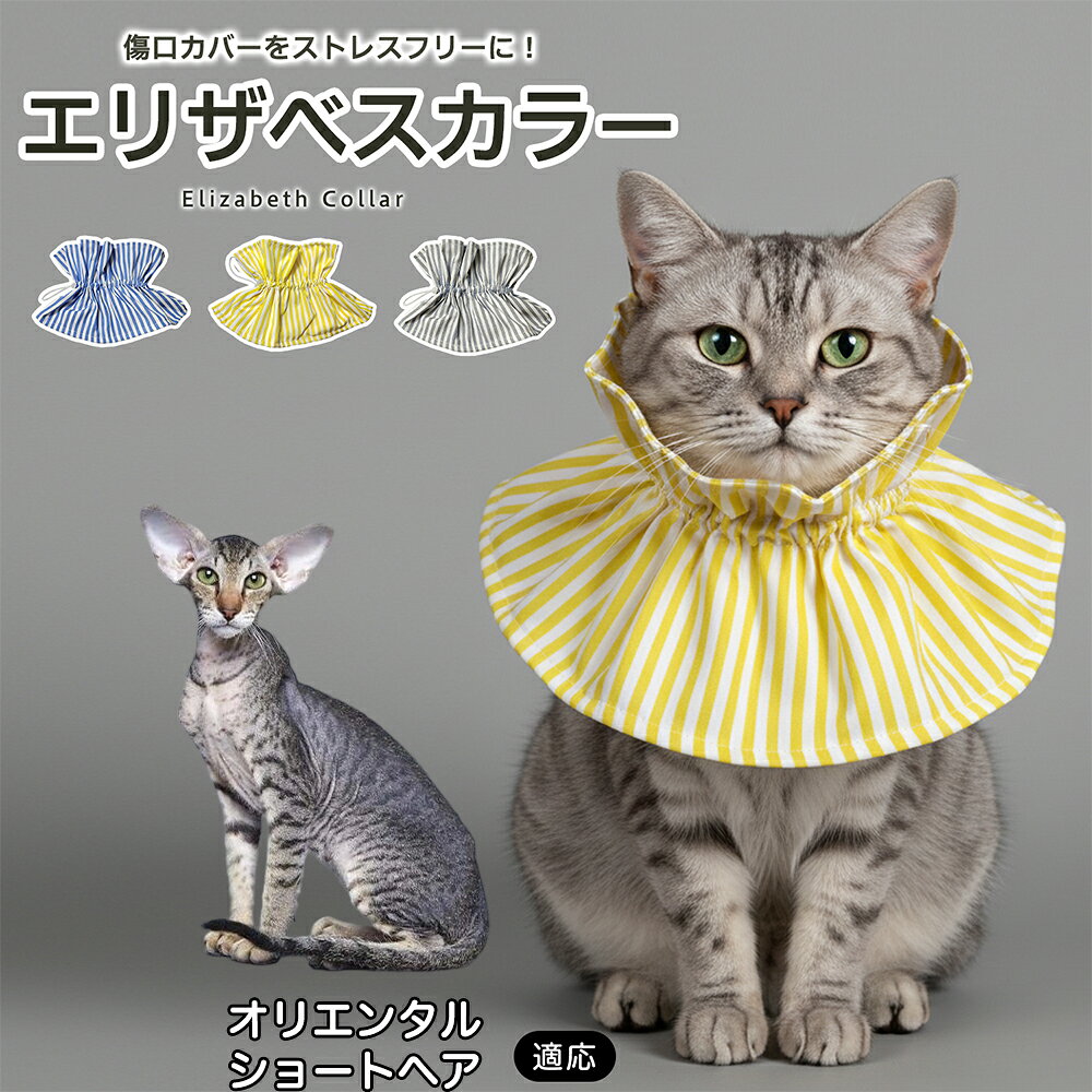 術後や皮膚トラブルの際、傷口を舐めたり引っかいたりしてしまうペットにはエリザベスカラーが便利ですが、硬いプラスチックタイプは首まわりへの圧迫感や動きにくさが気になることもあります。本商品はやわらかな布素材を採用し、毎日のケアをやさしくサポートします。 商品詳細 商品名 ペット用ソフトエリザベスカラー 布製 サイズ調整タイプ 適応対象 オリエンタルショートヘア 商品説明 硬いプラスチック製カラーの圧迫感や動きにくさが気になるペットに使いやすい、やわらか布製のエリザベスカラーです。首元にふんわり広がる形状で、傷口や皮膚トラブル部分への舐め・引っかきをやさしくガード。ドローコード式で首まわりを調整しやすく、頭からかぶせるだけで装着も簡単です。軽量で食事・飲水・お昼寝など日常動作を妨げにくく、汚れた場合は丸洗いできるため清潔に使えます。グレー・ブルー・イエローの3カラーから選べます。 用途 術後ケア／傷口保護／舐め防止／引っかき防止／皮膚トラブル時／避妊・去勢後ケア／日常ケア バリエーション グレー／ブルー／イエロー 仕様 布製ソフトタイプ／ドローコード式サイズ調整／軽量設計／頭からかぶせる簡単装着／丸洗い対応 お手入れ 汚れやニオイが気になる場合は丸洗いできます。洗濯後は形を整え、十分に乾燥させてからご使用ください。洗濯機使用時は洗濯ネットの使用をおすすめします。 注意事項 本製品は傷口や患部への接触を完全に防止するものではありません。装着後は首まわりがきつすぎないか、食事・飲水・呼吸・歩行に支障がないか確認してください。長時間使用する場合は定期的に状態を確認してください。 生産国 CHINA 梱包や発送 環境保護の観点より簡易梱包にて発送いたします。 関連キーワード エリザベスカラー 猫 犬 ソフト 布製 ペットカラー 術後 傷口保護 舐め防止 引っかき防止 避妊 去勢 小型犬 猫用 犬用 サイズ調整 洗える 軽量 ドローコード