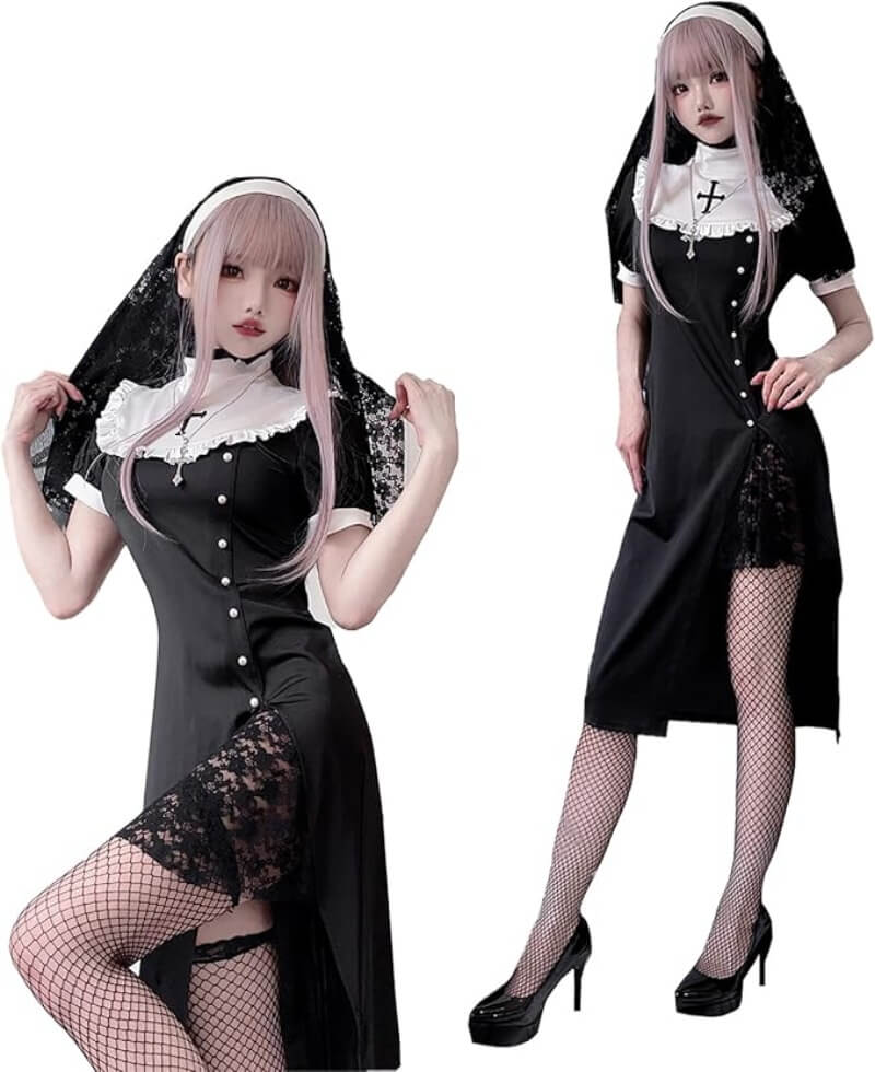 シスター コスプレ 修道女 衣装 3点セット ハロウィン ワンピース ベール ロングスカート 聖母 聖女 マリア ハロウィン衣装 コスプレ衣装 修道服 修女 イエス・キリスト cosplay コスチューム 仮装 レディース ドレス 女性用 大人用 パーティー イベント 舞台 S~L