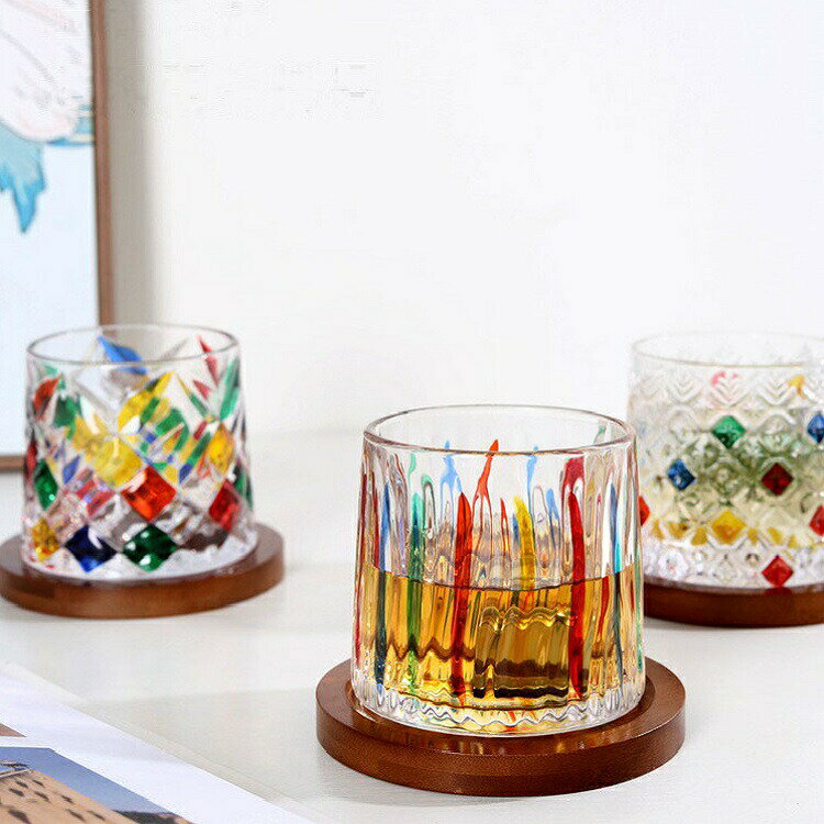 手作り 色ガラス 手描き 塗装 ダイヤモンド 氷の花 氷河 ストライプ クリスタルウイスキー ワイングラス