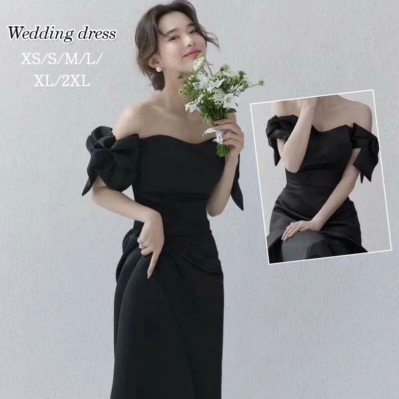ウエディング 黒 ドレス 前撮り 花嫁ドレス 呼ばれドレス 結婚式ドレス オフショルダー リボン付き カラードレス 二次会 ウェディングドレス 楽チン ゆったり...