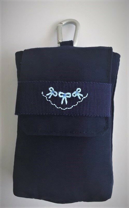 ジョリコムアンクール　こども 携帯電話ケース　レースリボン水色　お受験　入園入学　幼稚園　小学校　日本製　紺　ネイビー　刺繍　上品　清楚キッズ携帯