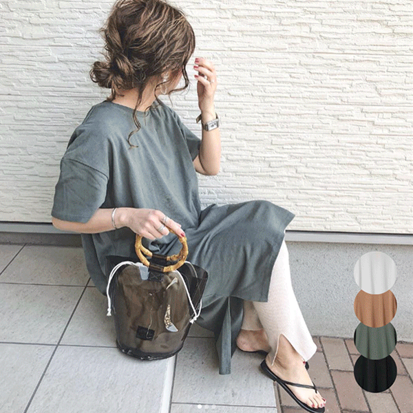 Sheson(シーズン)コットンジャージースリットワンピース 春 夏 レディース 半袖 ドロップショルダー ポケット付き スリット ゆったり リラックス CottonJerseySlitOP