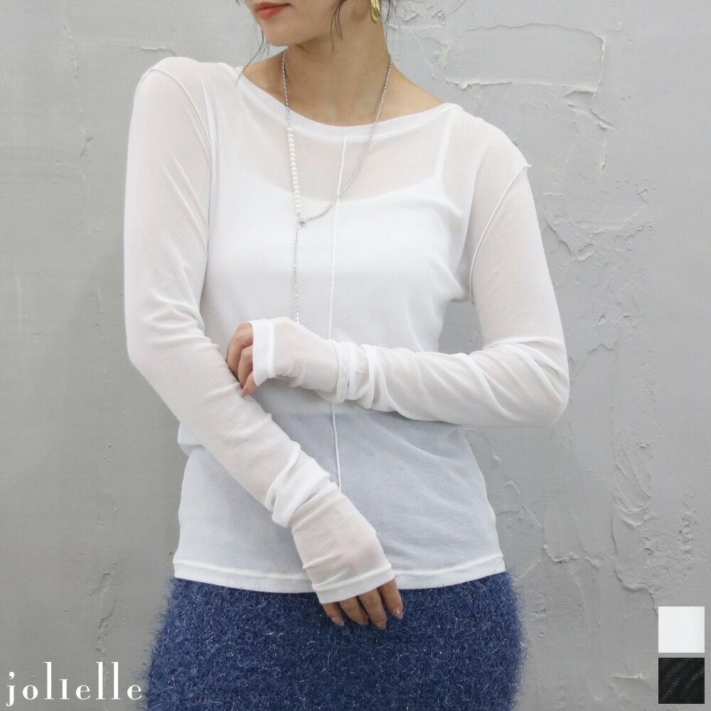 セール 2way シアーインナー トップス パワーメッシュ 柔らかい 前後2way 【単品でメール便可】サムホール トップス シアートップス シアーインナー ロングスリーブ 長袖 指抜き デザイン タイト 女っぽ クルーネック 透け カットソー 秋冬 シアー インナー パワーメッシュのサムネイル