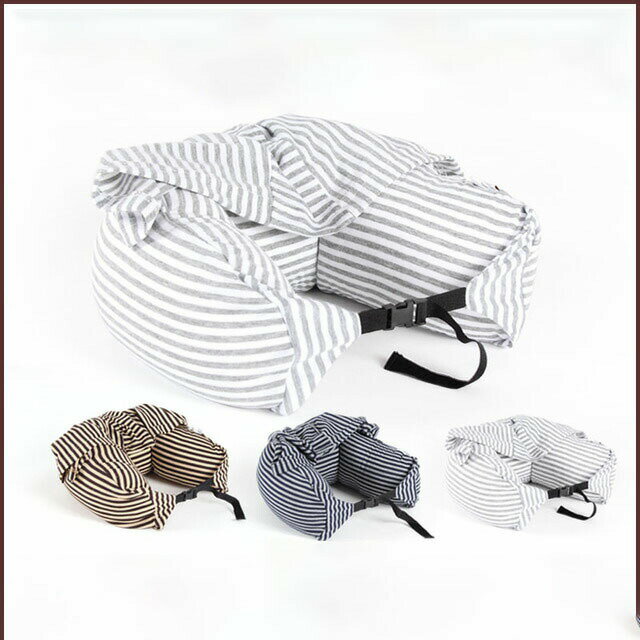 送料無料 ネックピロー帽子付き U型枕 まくら 昼寝 仕事 読書 縞柄3色 クッション 誕生日プレゼント 旅..