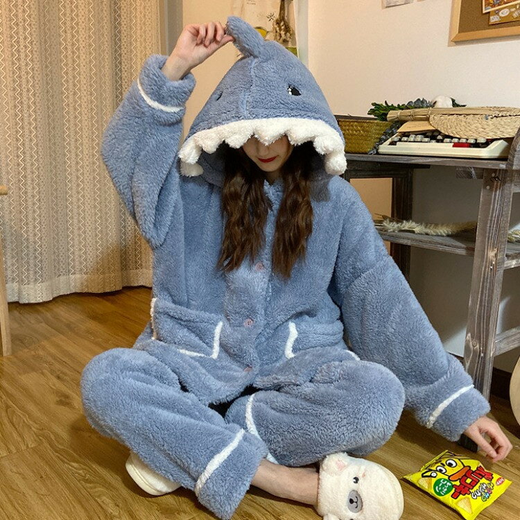 送料無料 ルームウェア パジャマ 上下セット レディース　もこもこ 着ぐるみ フード付き 長袖 前開き ゆったり 柔らかい 暖かい 防寒 厚手 秋冬 部屋着 寝巻き ハロウィン イベント コスプレ 可愛い かわいい 寝間着 秋冬 長袖 冬 部屋着 c-shuiyi-6061-gg