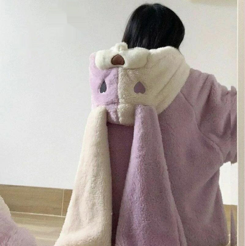 送料無料 パジャマ 2点セット 兔 ウサギ rabbit 長耳付き 着ぐるみ ワンピース フランネル 柔らかい 肌に優しい フード付き ルームウェア お揃い 部...