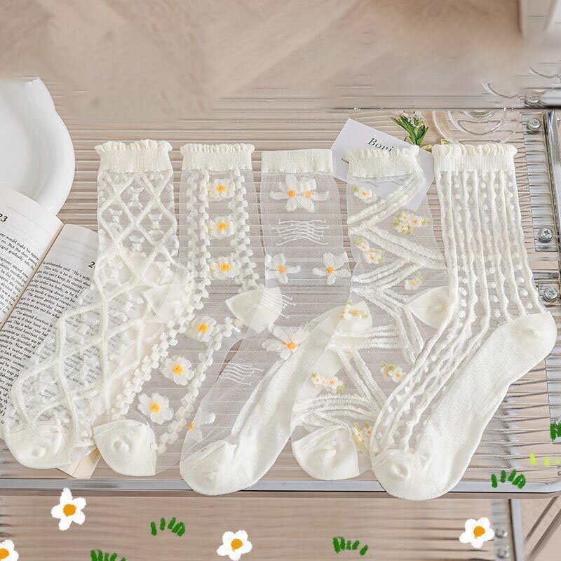 送料無料 花柄レースソックス チュール 5足セット 靴下 ソックス flower フラワー 刺繍柄 チュールフラワーソックス くつ下 レディース シースルー 花柄 シースルー 透け感 コットン 伸縮性 ボリューム感 パンプス c-wazi-6015-ggのサムネイル