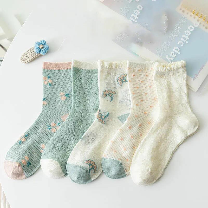 送料無料 5足セット 靴下 ソックス flower フラワー 花柄レースソックス チュール くつ下 レディース シースルー 花柄 シースルー 透け感 コットン 伸縮性 ボリューム感 パンプス 刺繍柄 チュールフラワーソックス c-wazi-6009-ggのサムネイル