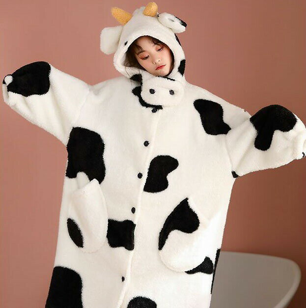 送料無料 パジャマ ワンピース Cow pattern 乳牛 帽子付き 着ぐるみ フランネル フード付き 寝巻き 柔らかい ルームウェア お揃い 部屋着 アニマ...
