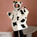 送料無料 パジャマ ワンピース 2点セット Cow pattern 乳牛 帽子付き 着ぐるみ 部屋着 アニマル もこもこ フード付き ルームウェア お揃い 寝巻...