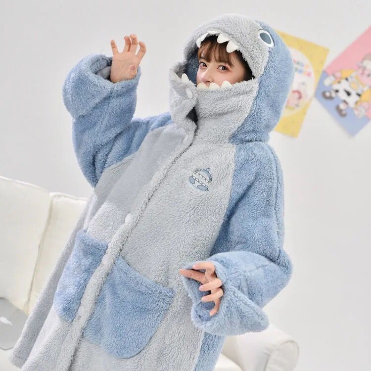 送料無料 パジャマ ワンピース shark サメ 鮫 帽子付き 着ぐるみ フランネル 長袖 秋冬 カップル お揃い 部屋着 アニマル 寝巻き 柔らかい 肌に優し...