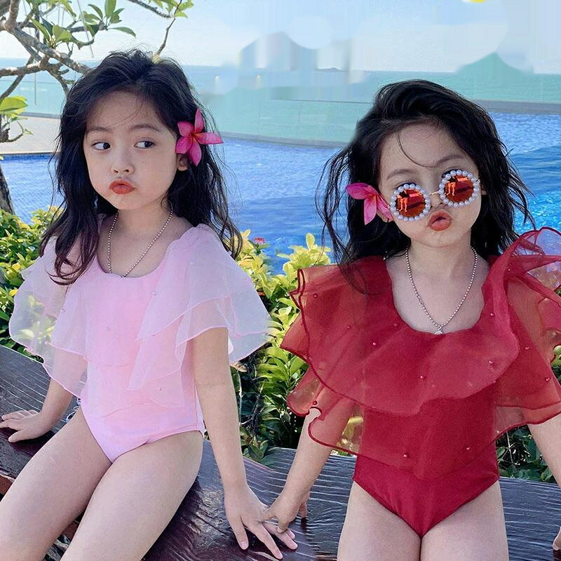 送料無料 子供水着 90~140cm 全2カラー レース フリル パール 女の子 ガールズ ワンピース水着 キャッ..