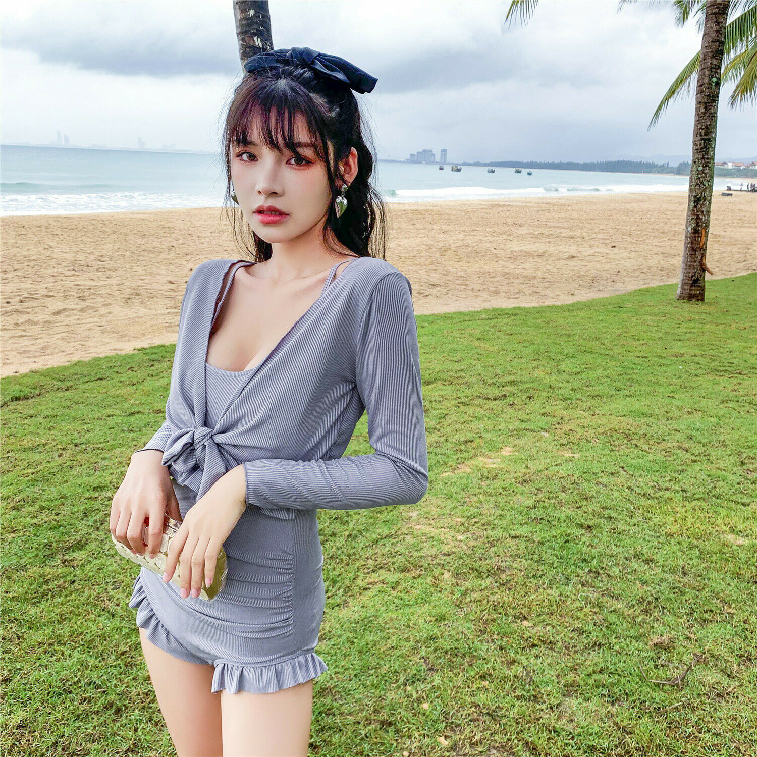 送料無料 150~170cm 38〜60kg 水着 レディース 体型カバー水着 ビキニ スカート ワンピース 見せパンツ バックシャン 2点セット ブラック 青い バックフリル 可愛い かわいい おしゃれ セパレート セクシー ママ水着 20代 30代 40代 c-yongyi-7785-gg
