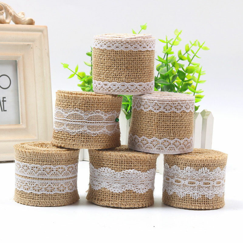 送料無料 リボン 麻布 結婚式 装飾 DIY レース 黄麻布 手芸用 パッキング リボンロール ウェディング小物 長さ2M 幅2cm 2個セット パーティー リネン リボンロール 雑貨 クラフト DIY　c-hunli-10986-gg