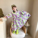 送料無料 キッズ服 ワンピース 花柄 Aライン キッズ衣装 子供衣装 パフスリーブ 女の子 長袖 春秋着 子供服 女の子用 フラワー ハナ はな flower カジュアルウェアー おしゃれ 可愛い 90/100/110/120/130/140 パープル c-tz-11243-gg(4)