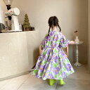 送料無料 キッズ服 ワンピース 花柄 Aライン キッズ衣装 子供衣装 パフスリーブ 女の子 長袖 春秋着 子供服 女の子用 フラワー ハナ はな flower カジュアルウェアー おしゃれ 可愛い 90/100/110/120/130/140 パープル c-tz-11243-gg 2