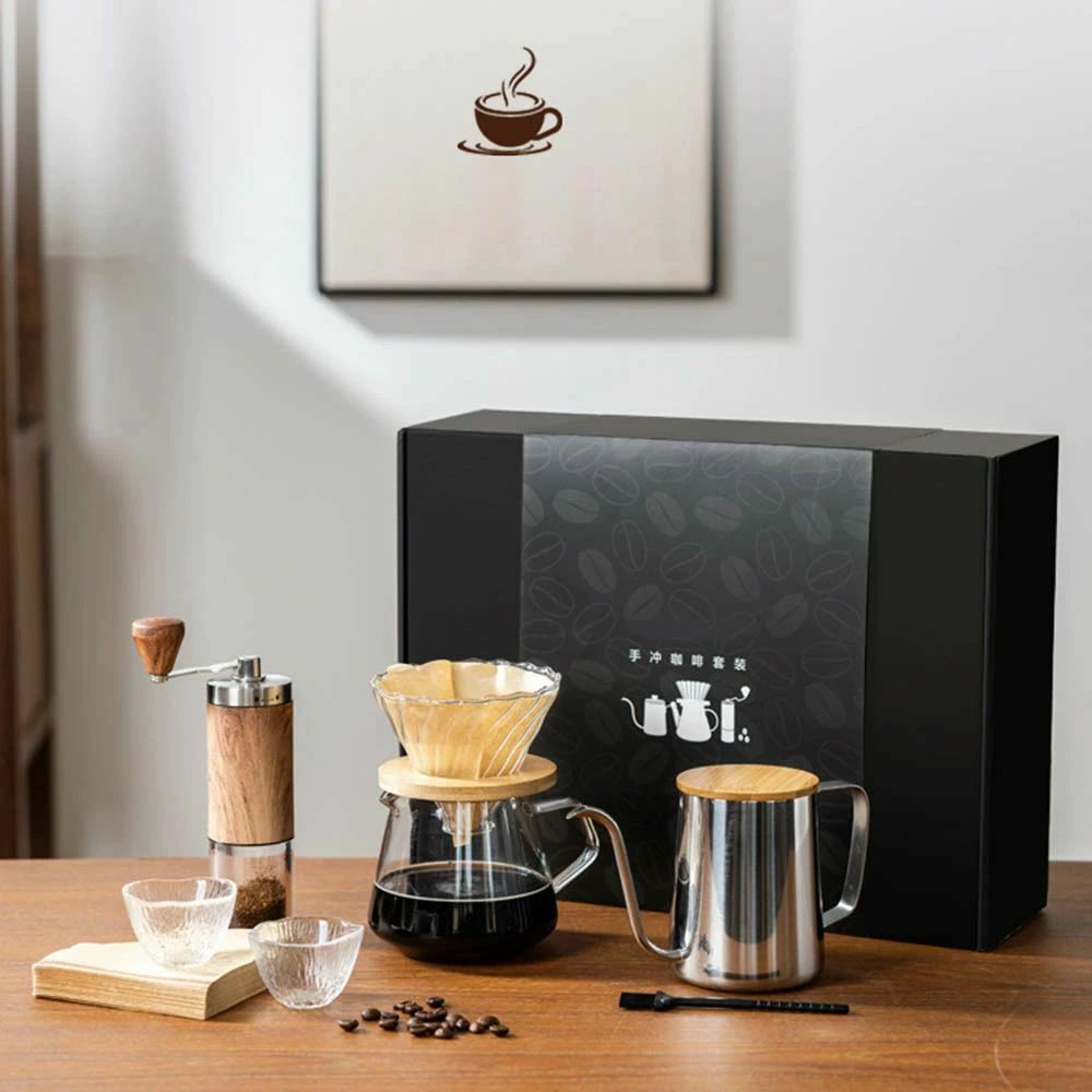手挽き コーヒーミル 小型 コーヒーグラインダー ステンレス臼 折り畳み式ハンド コーヒードリッパーポット付き 手挽式コーヒーグラインダー コーヒー用品5セット 家庭用 プレゼント